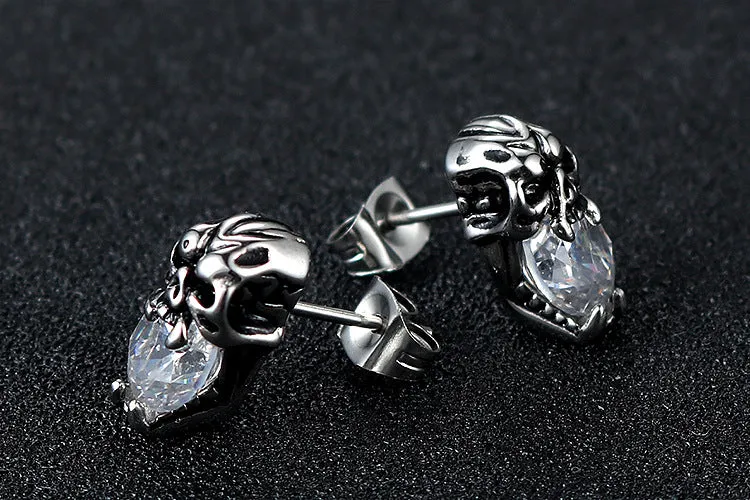 Punk-Inspired Zircon Skull Titanium Steel Stud Earrings for Men