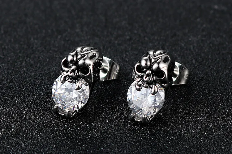 Punk-Inspired Zircon Skull Titanium Steel Stud Earrings for Men