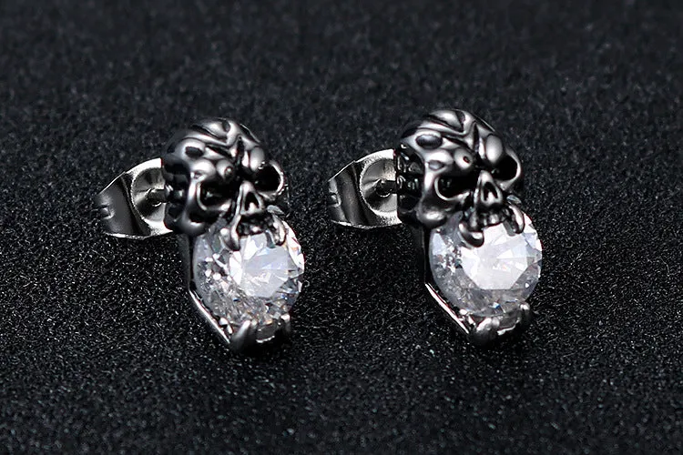 Punk-Inspired Zircon Skull Titanium Steel Stud Earrings for Men