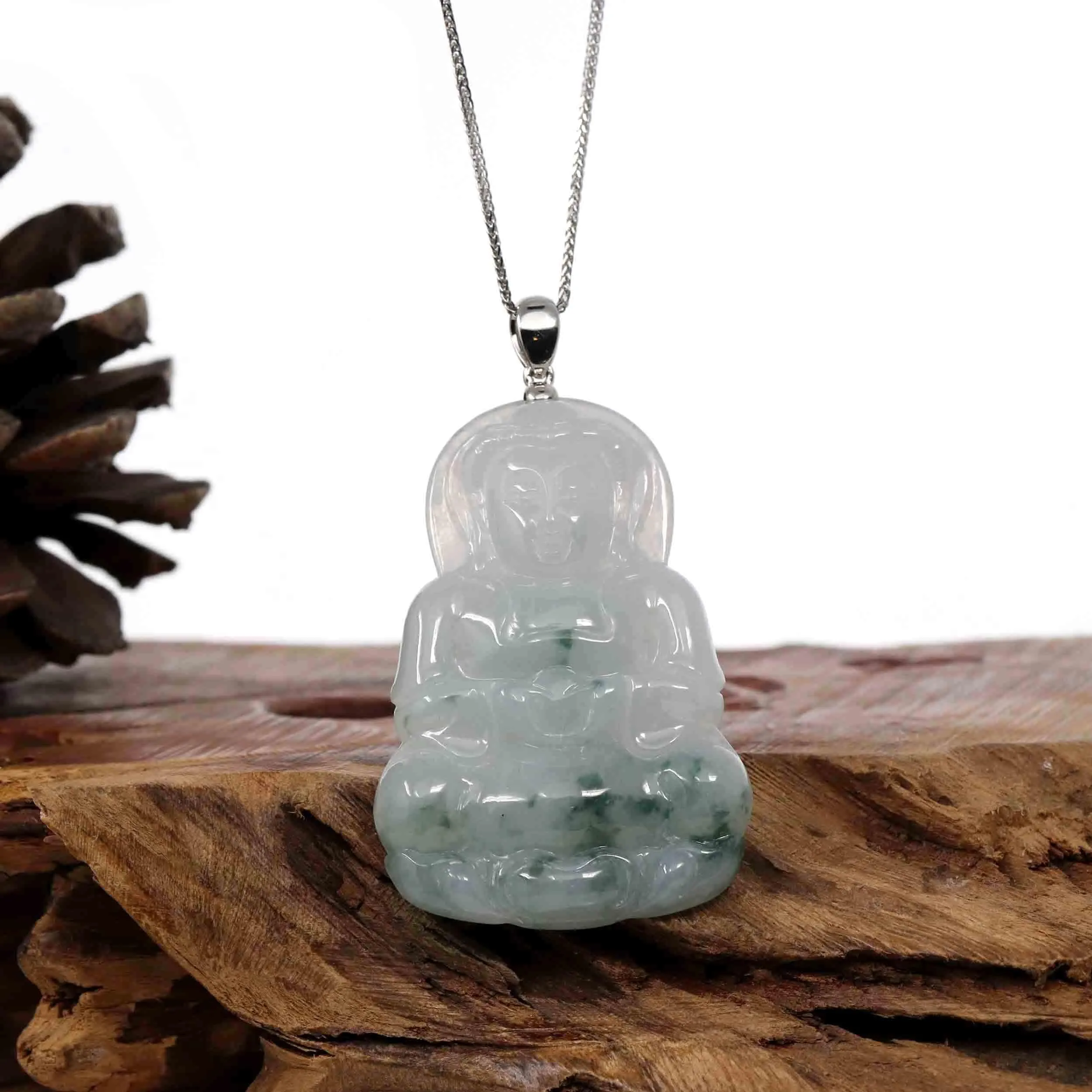 "Goddess of Compassion" Genuine Burmese Ice Blue Jadeite Jade Guanyin Necklace With Good Luck Design Sterling Silver Bail