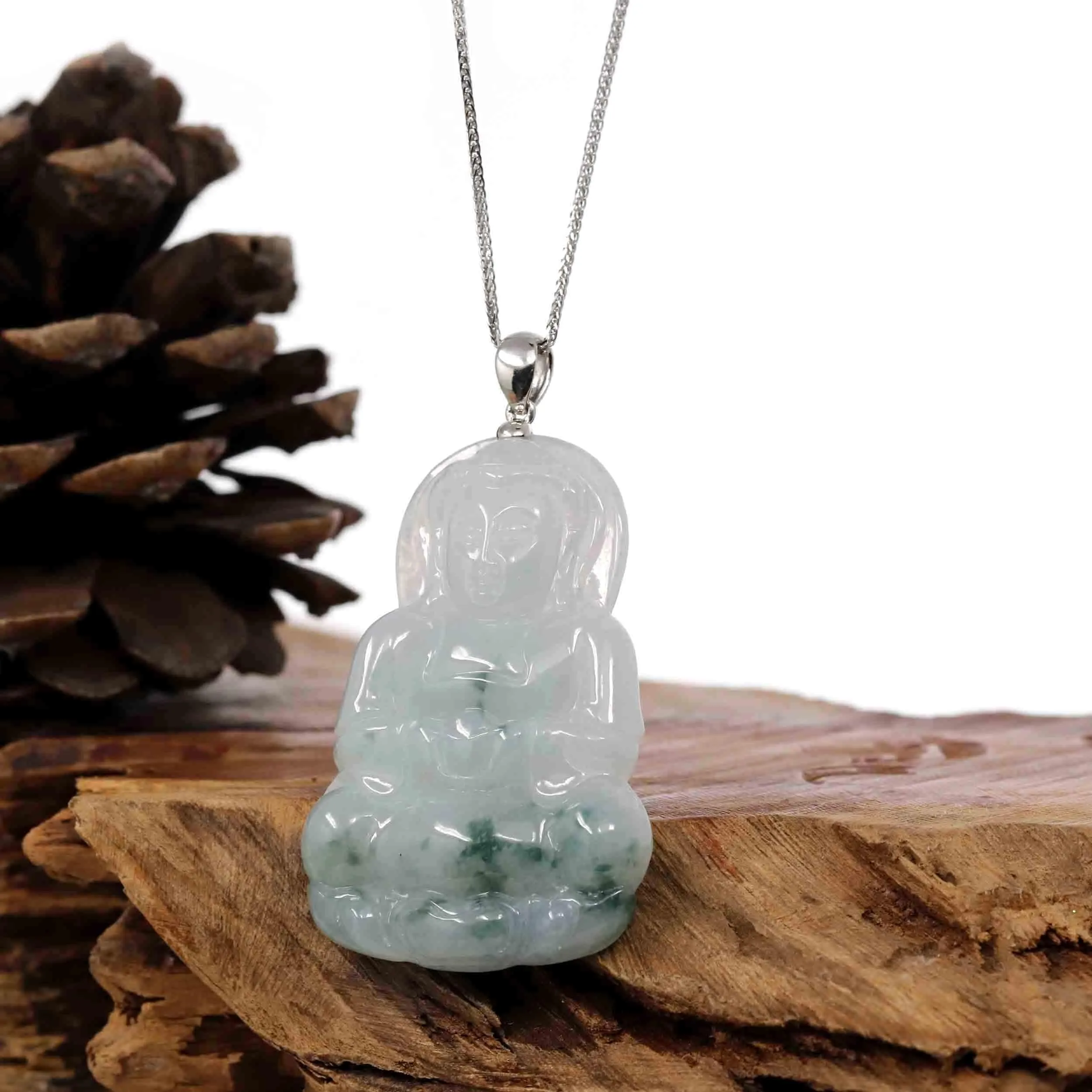 "Goddess of Compassion" Genuine Burmese Ice Blue Jadeite Jade Guanyin Necklace With Good Luck Design Sterling Silver Bail