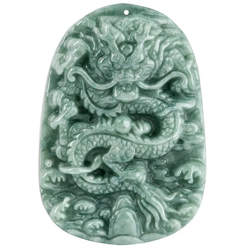 Real Grade A Natural Green Jade Jadeite Engraved Dragon Oblong 2 Sided Pendant Necklace