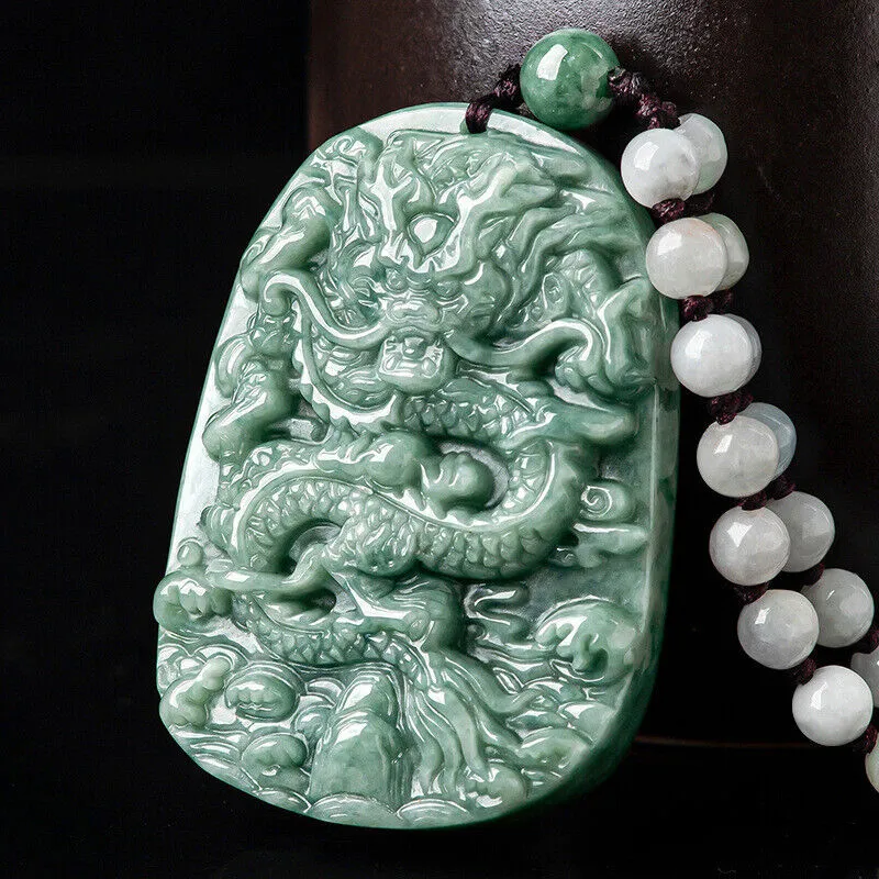 Real Grade A Natural Green Jade Jadeite Engraved Dragon Oblong 2 Sided Pendant Necklace