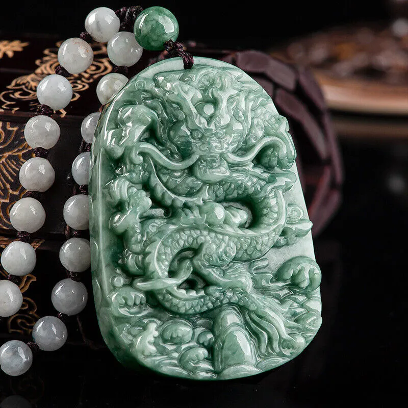 Real Grade A Natural Green Jade Jadeite Engraved Dragon Oblong 2 Sided Pendant Necklace