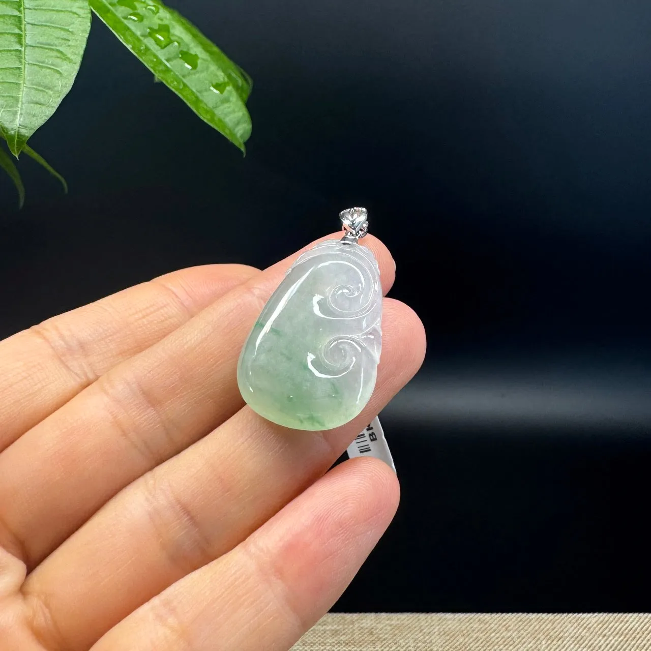 RealJade® Co. Genuine Icy green Jadeite Jade Good Luck RuYi Necklace With 18K White Gold Bail