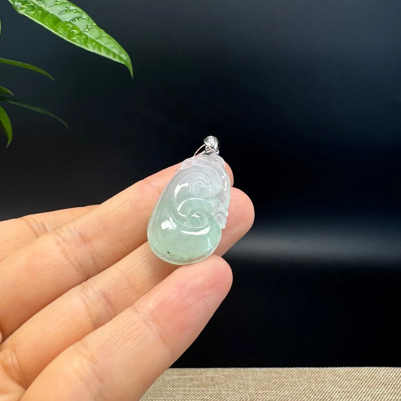 RealJade® Co. Genuine Icy green Jadeite Jade Good Luck RuYi  Necklace With 18K White Gold Bail