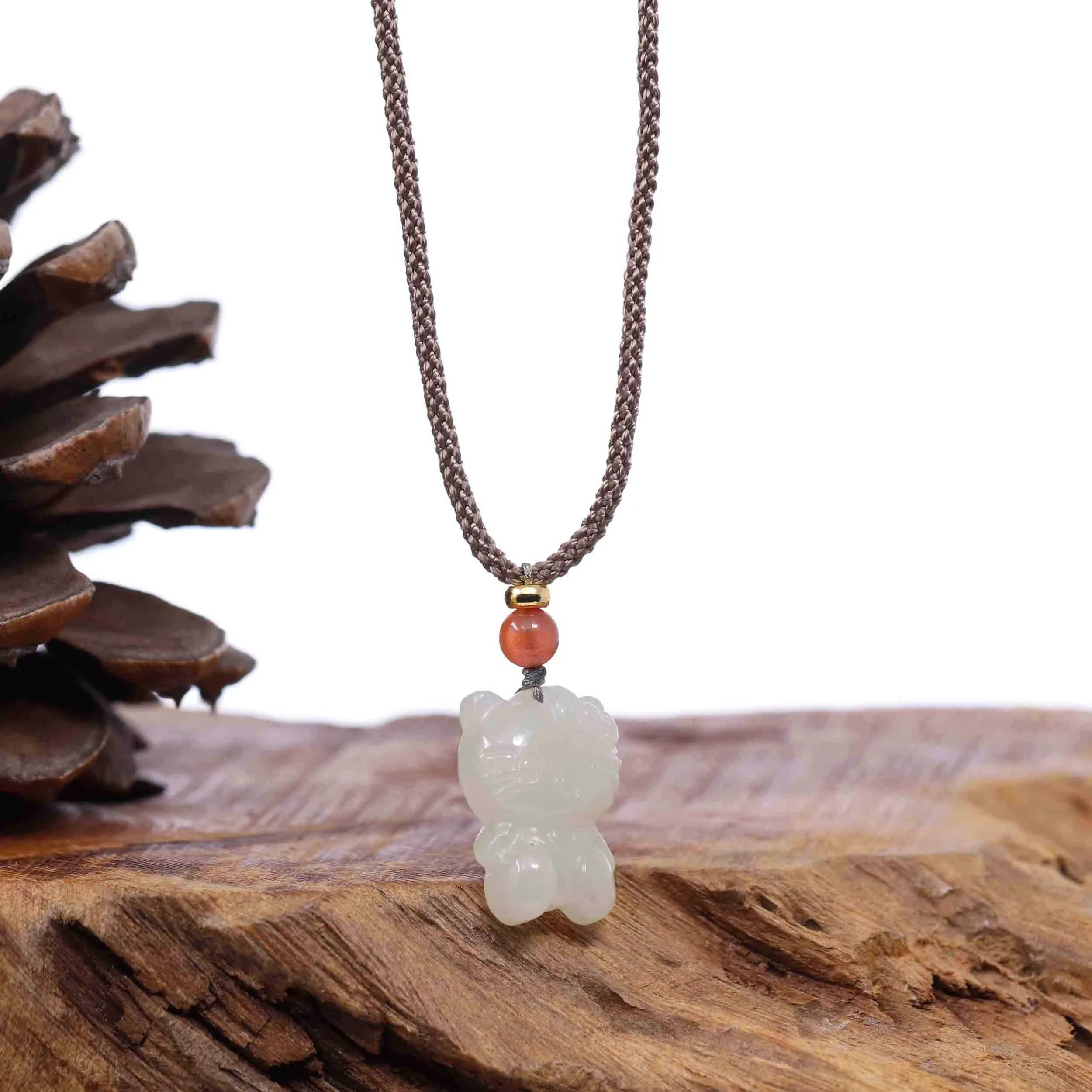 RealJade® Co. "Lucky Kitten" White Nephrite Jade Pendant Necklace