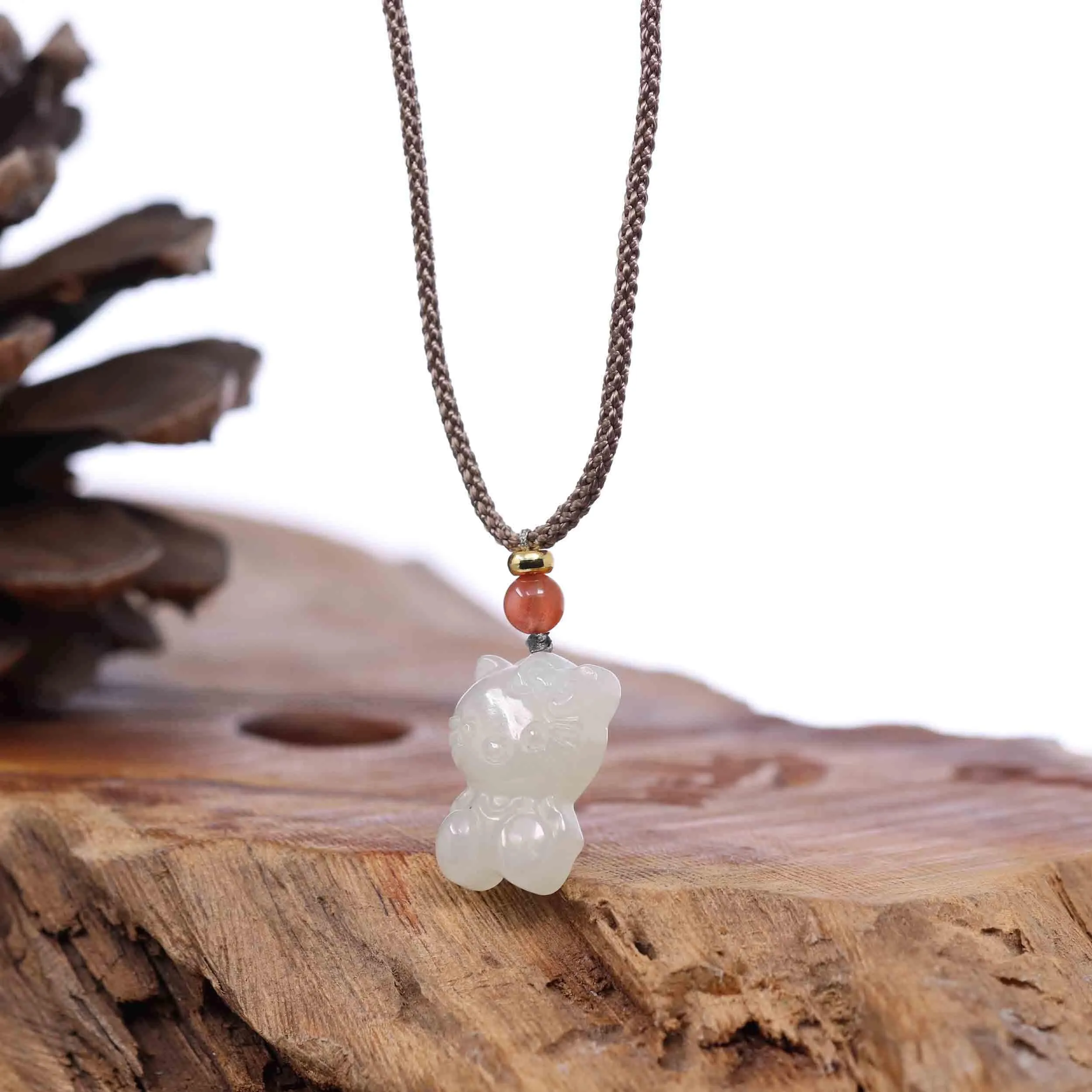 RealJade® Co. "Lucky Kitten" White Nephrite Jade Pendant Necklace