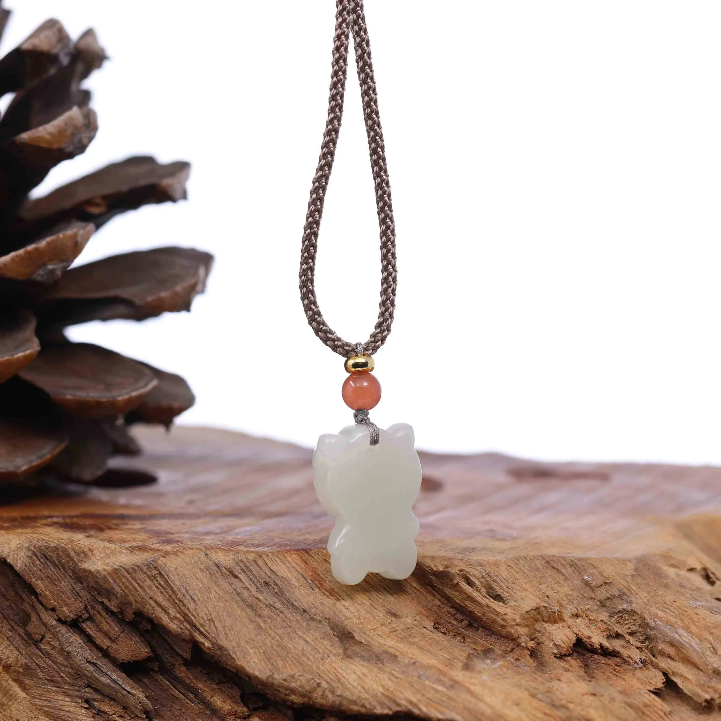 RealJade® Co. "Lucky Kitten" White Nephrite Jade Pendant Necklace