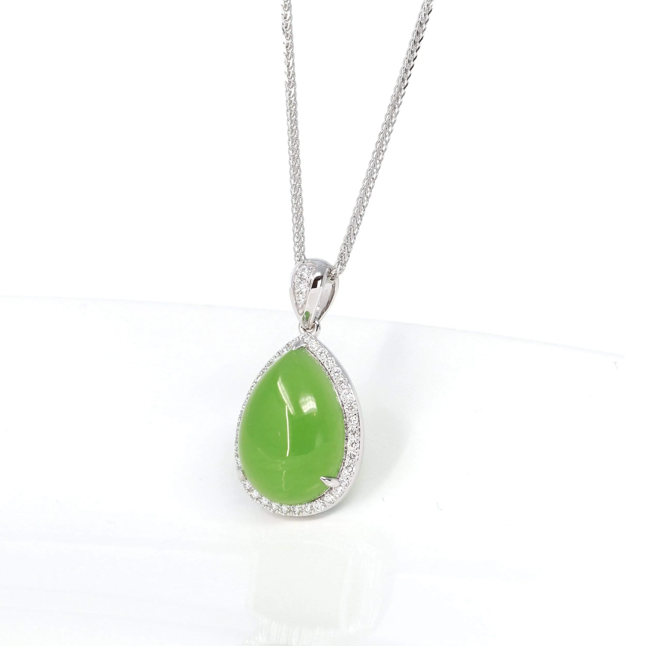 RealJade® Genuine Green Nephrite Apple Green Jade Tear Drop Pendant Necklace With Diamond