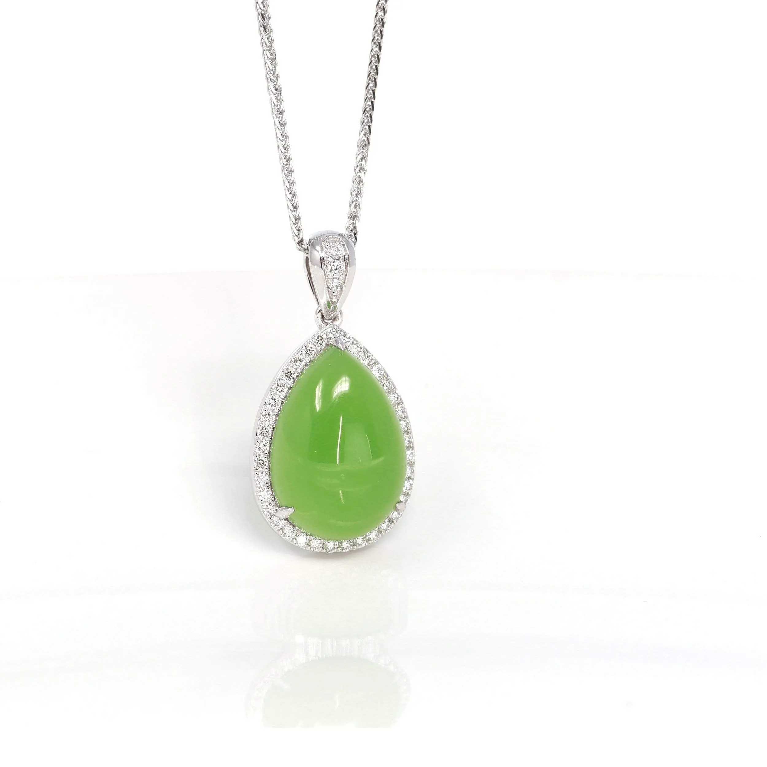 RealJade® Genuine Green Nephrite Apple Green Jade Tear Drop Pendant Necklace With Diamond