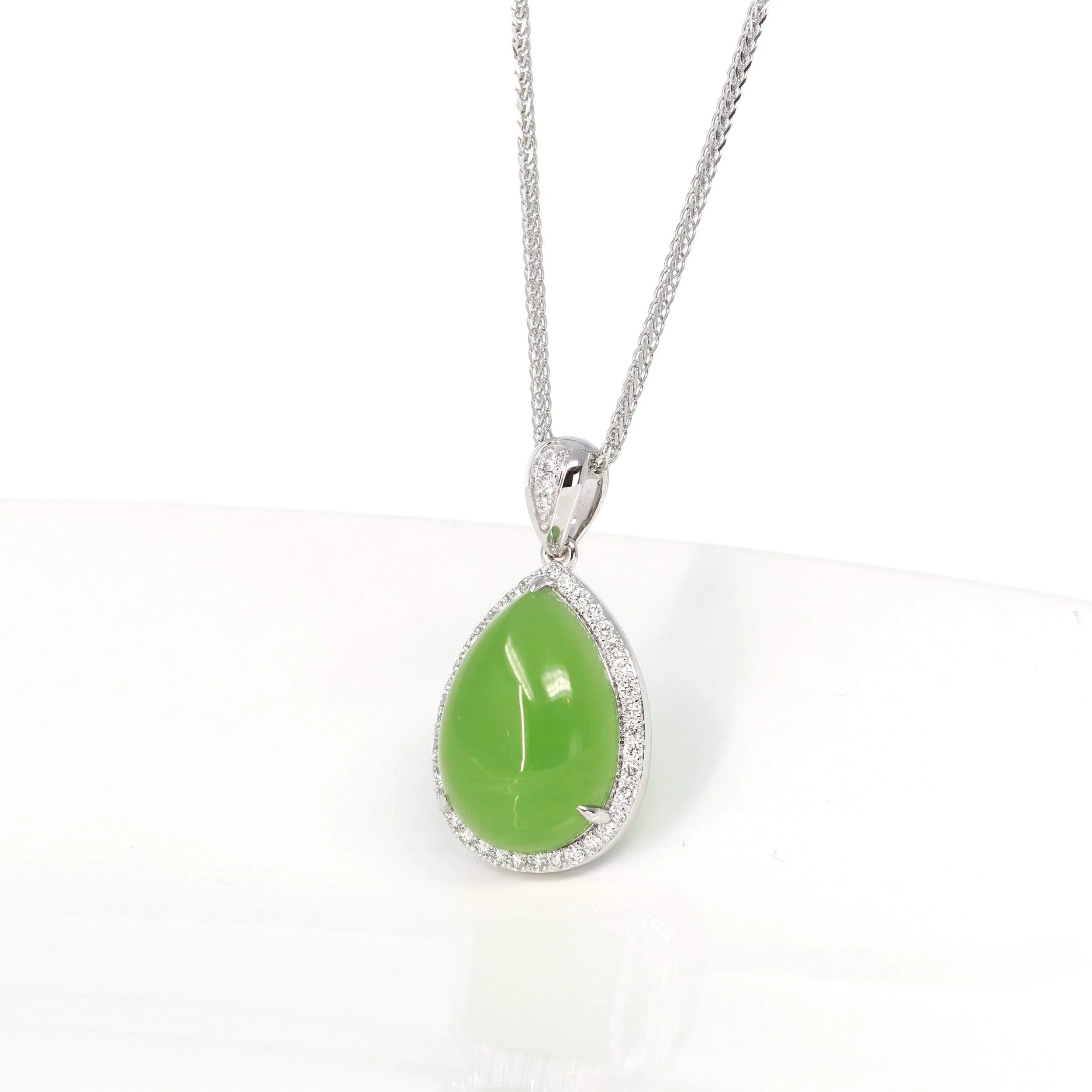 RealJade® Genuine Green Nephrite Apple Green Jade Tear Drop Pendant Necklace With Diamond