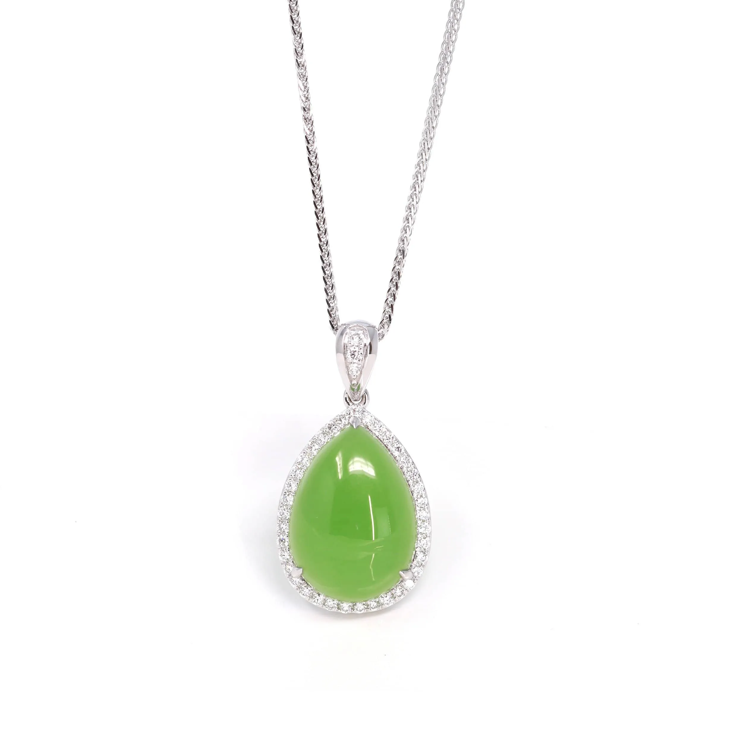 RealJade® Genuine Green Nephrite Apple Green Jade Tear Drop Pendant Necklace With Diamond