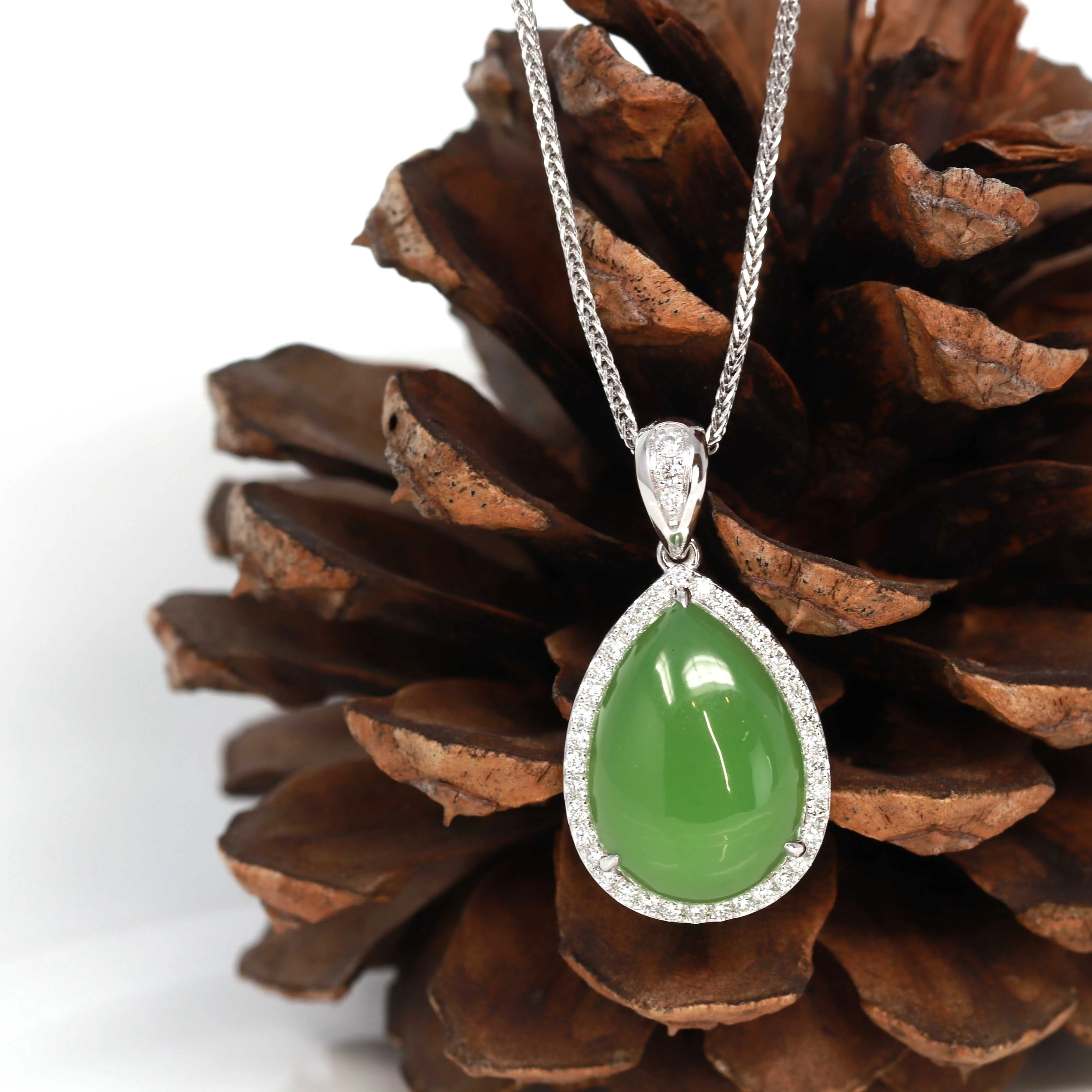 RealJade® Genuine Green Nephrite Apple Green Jade Tear Drop Pendant Necklace With Diamond