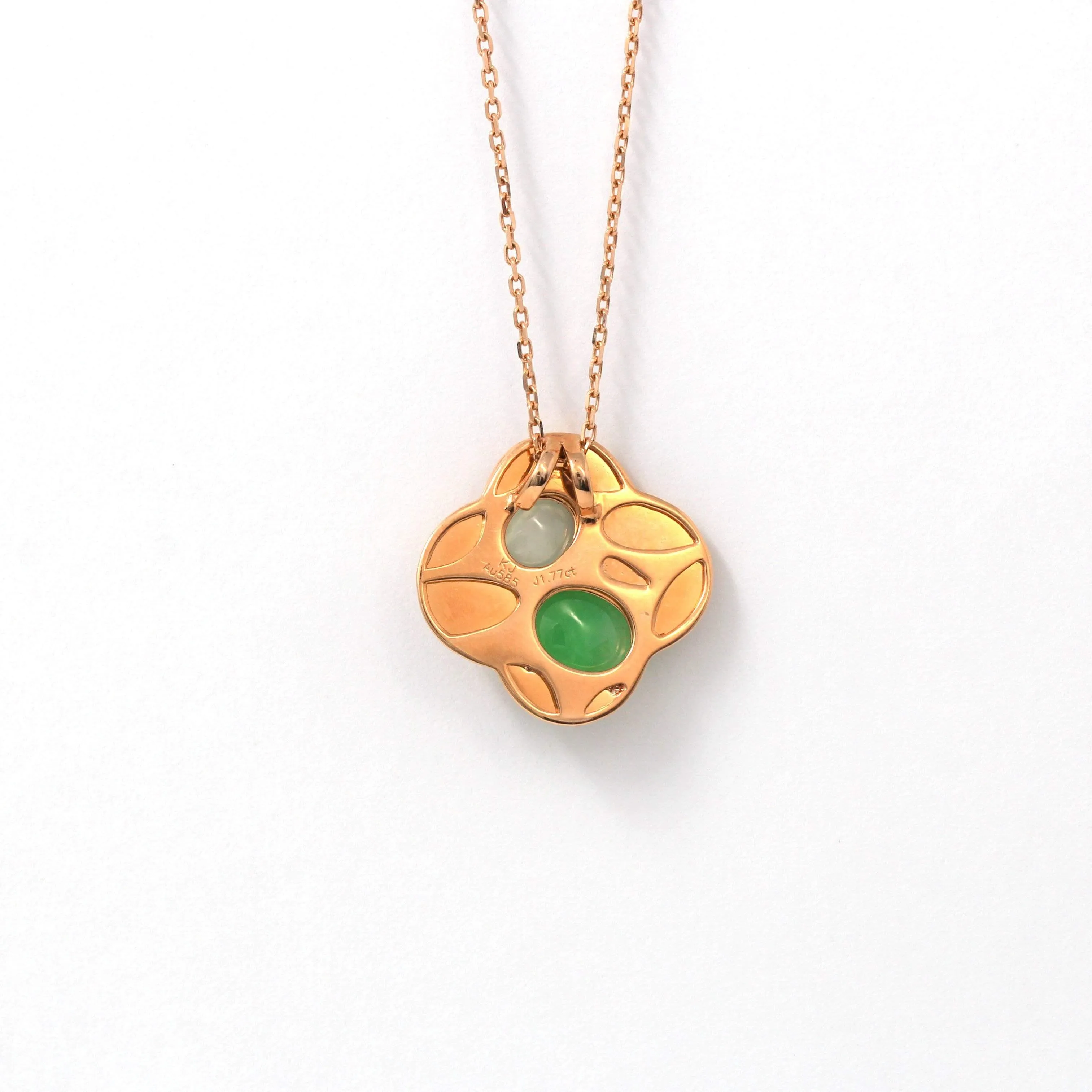 RealJade® "Lucky 4 leaf clover" 14k Rose Gold & Genuine Burmese Imperial & Ice Jadeite Pendant Necklace