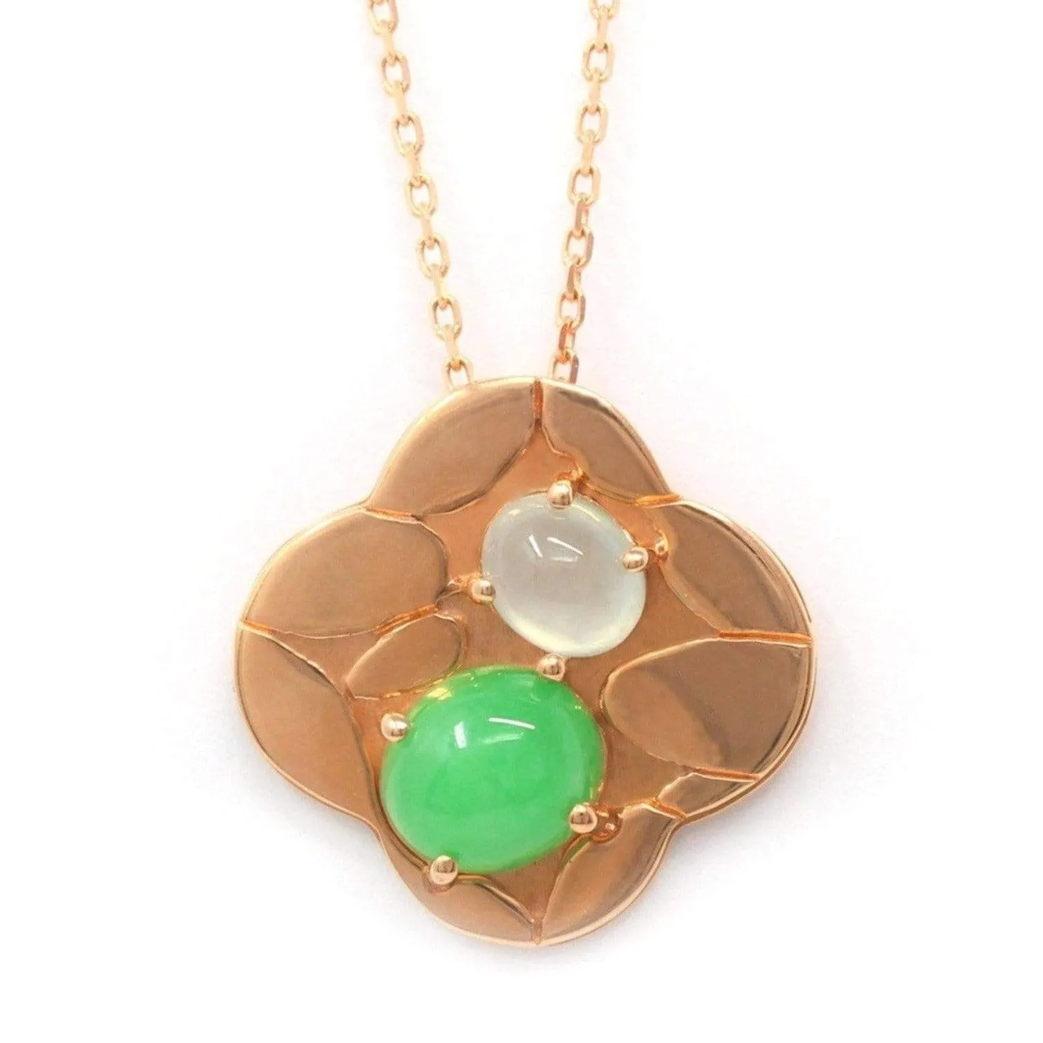 RealJade® "Lucky 4 leaf clover" 14k Rose Gold & Genuine Burmese Imperial & Ice Jadeite Pendant Necklace