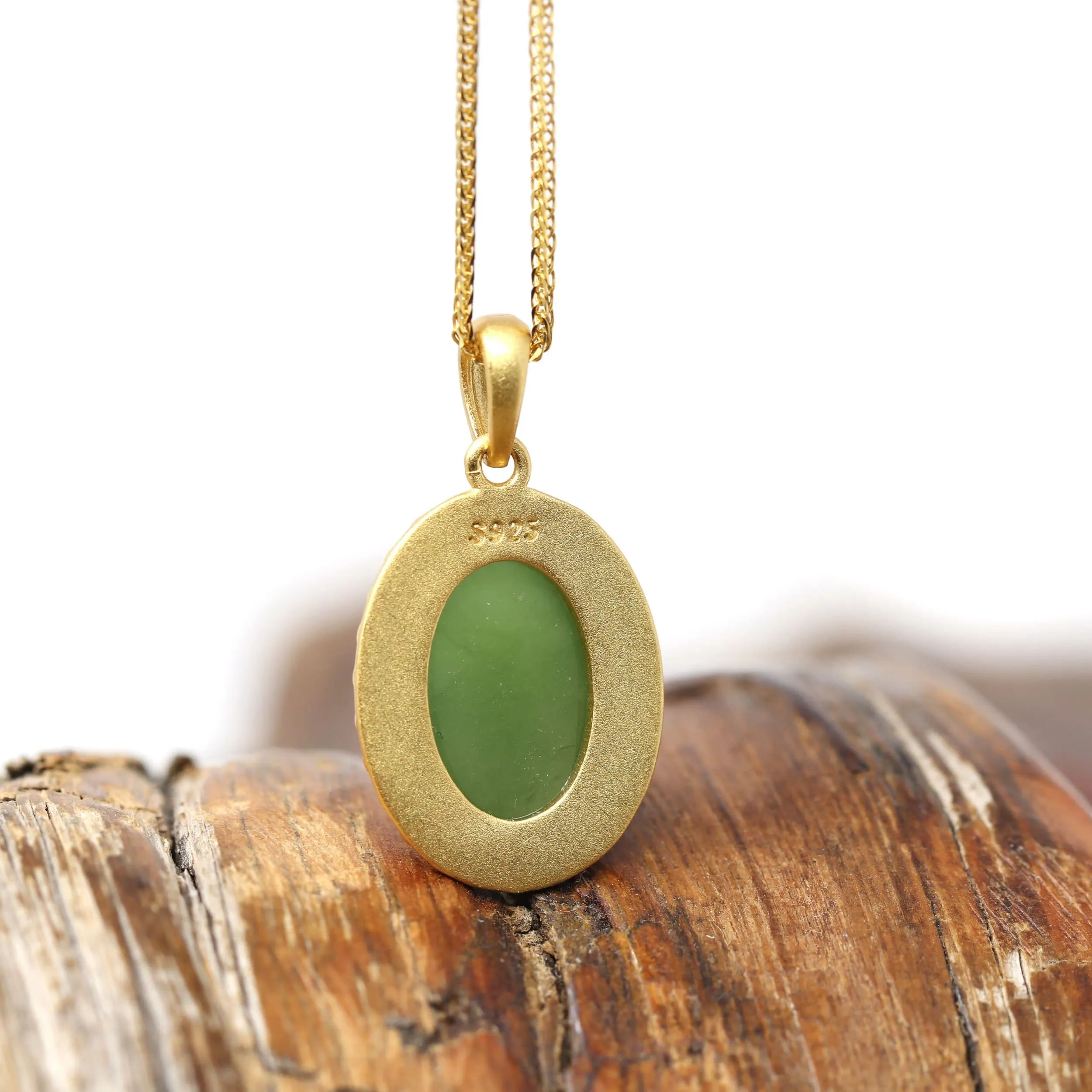 RealJade® "Lucky Oval Jade" Sterling Silver Nephrite Green Jade Classic Pendant Necklace