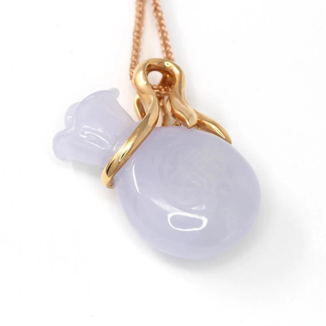 RealJade® "Money Bag" 18k Rose Gold & Lavender Genuine Jadeite Jade Money Bag Necklace Pendant