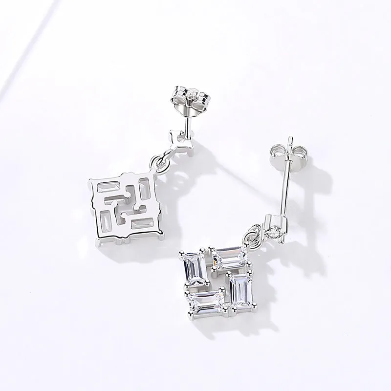 Rectangle Zircon Square Pendant Silver Drop Earrings for Women