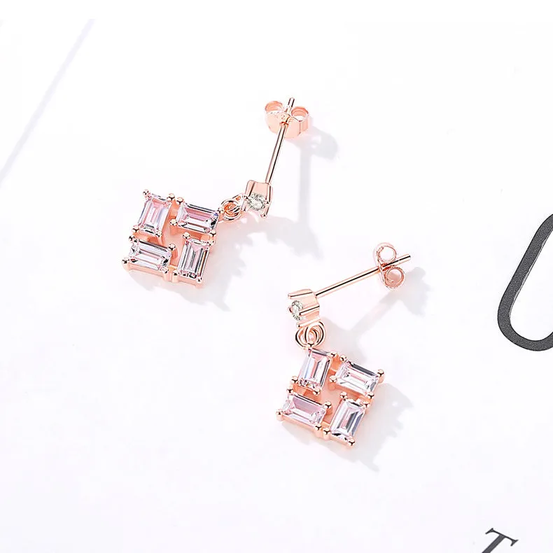 Rectangle Zircon Square Pendant Silver Drop Earrings for Women