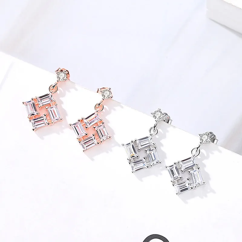 Rectangle Zircon Square Pendant Silver Drop Earrings for Women