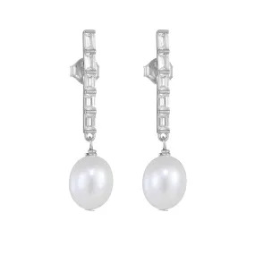 Rectangle Zircon Tassel Oval Freshwater Pearl Sterling Silver Drop Earrings