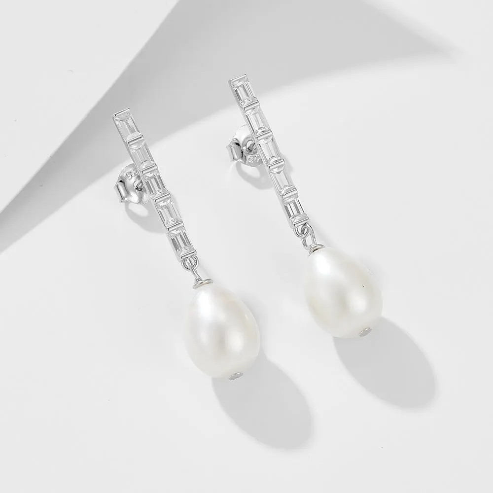 Rectangle Zircon Tassel Oval Freshwater Pearl Sterling Silver Drop Earrings