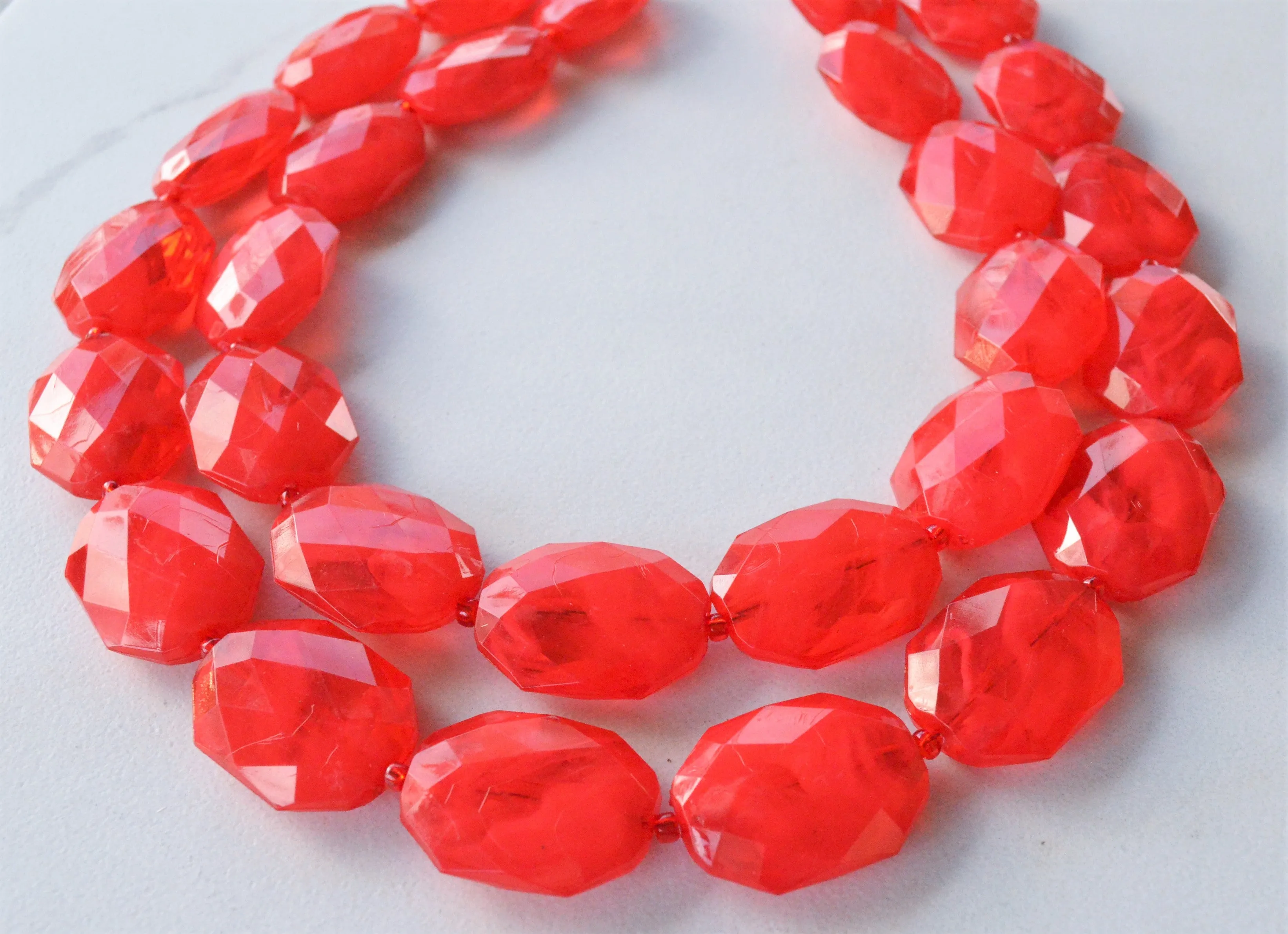 Red Acrylic Bead Chunky Multi Strand Lucite Statement Necklace - Wendy