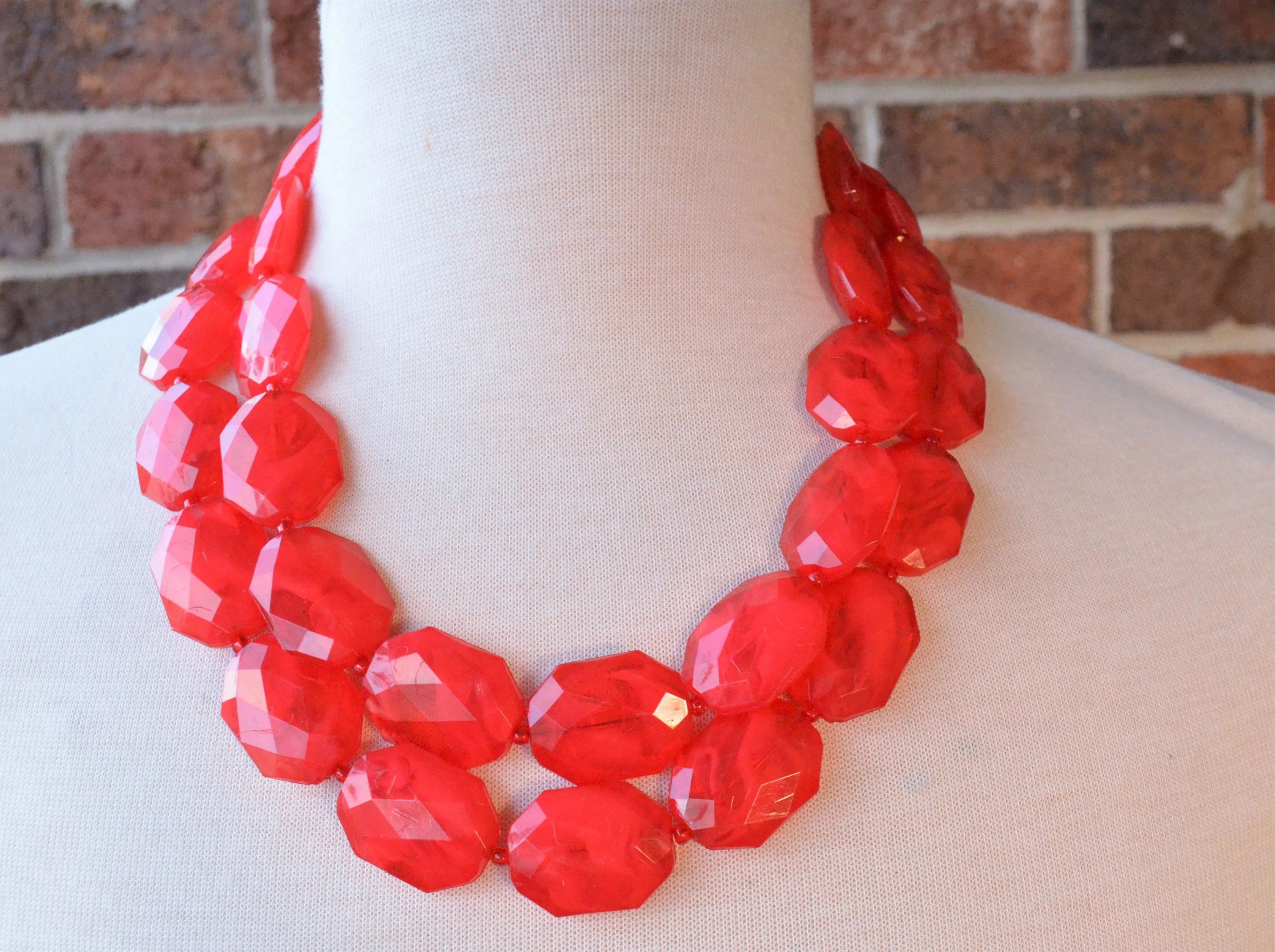 Red Acrylic Bead Chunky Multi Strand Lucite Statement Necklace - Wendy