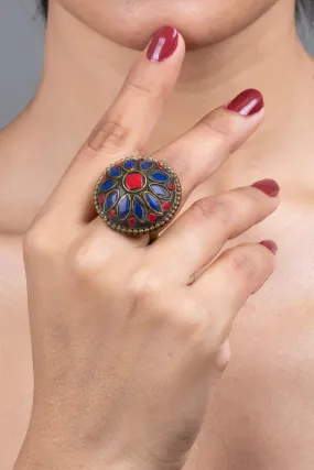 Red Blue Tibetan Finger Ring - Unique Vibrant Design for All Occasions, Non-Allergic Plating