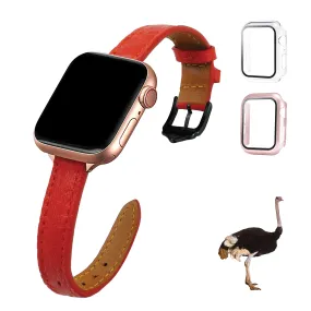 Red Flat Ostrich Leather Band Compatible Apple Watch Iwatch 49mm Screen Protector Case Black Adapter Replacement Strap For Smartwatch Series 7 8 Leather Handmade AW-190B-W-49MM