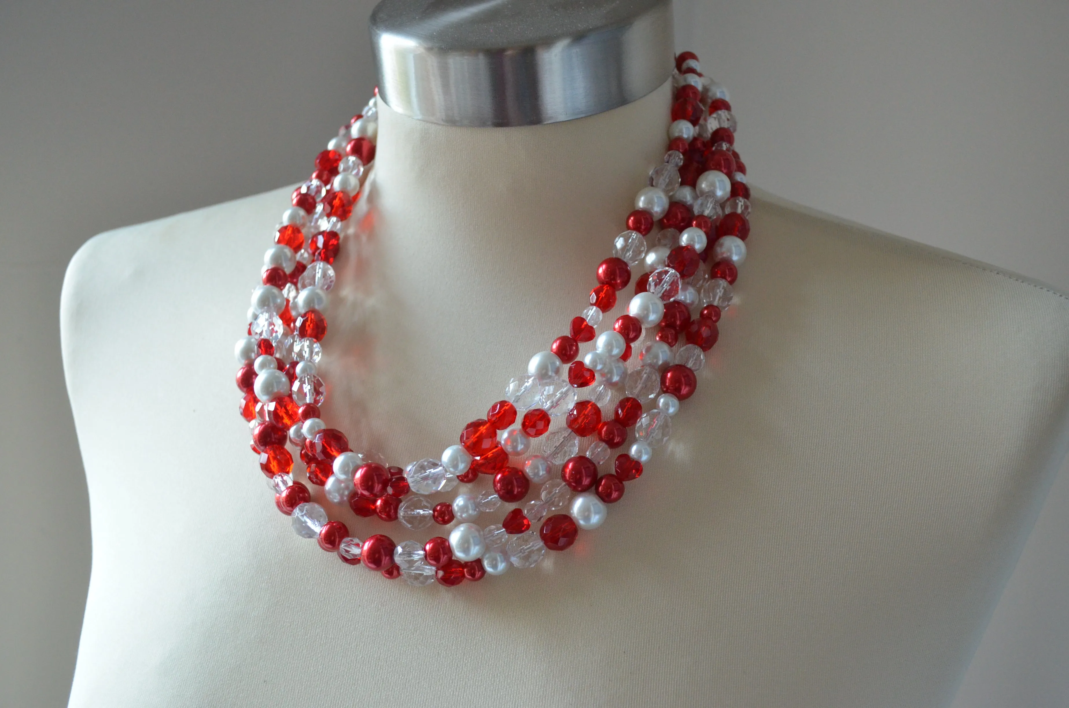 Red Heart Statement Valentines Crystal Chunky Beaded Multi Strand Necklace - Melissa