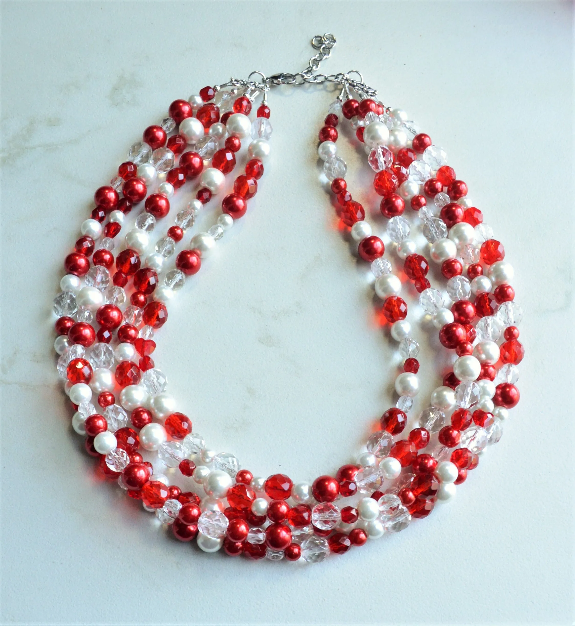 Red Heart Statement Valentines Crystal Chunky Beaded Multi Strand Necklace - Melissa