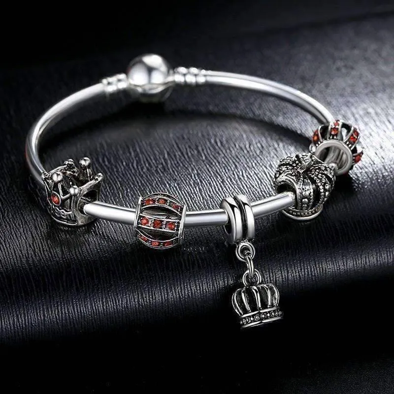 Red Queen Crystal Crown Silver Bangle Bracelet for Woman