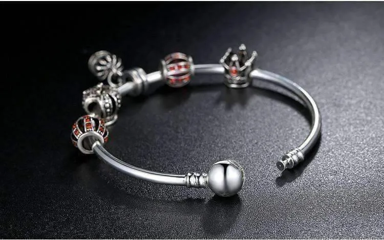 Red Queen Crystal Crown Silver Bangle Bracelet for Woman