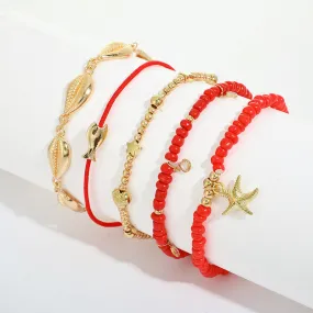 Red String Anklet Set Ethnic Style Shell Fish