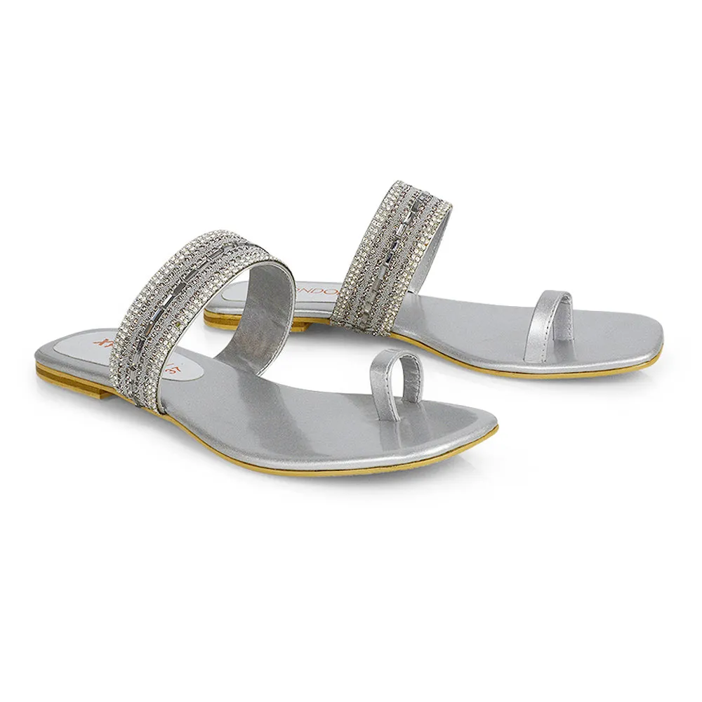 Rogan Strappy Slip on Toe Post Ring Diamante Flat Sandal Sliders in Pink