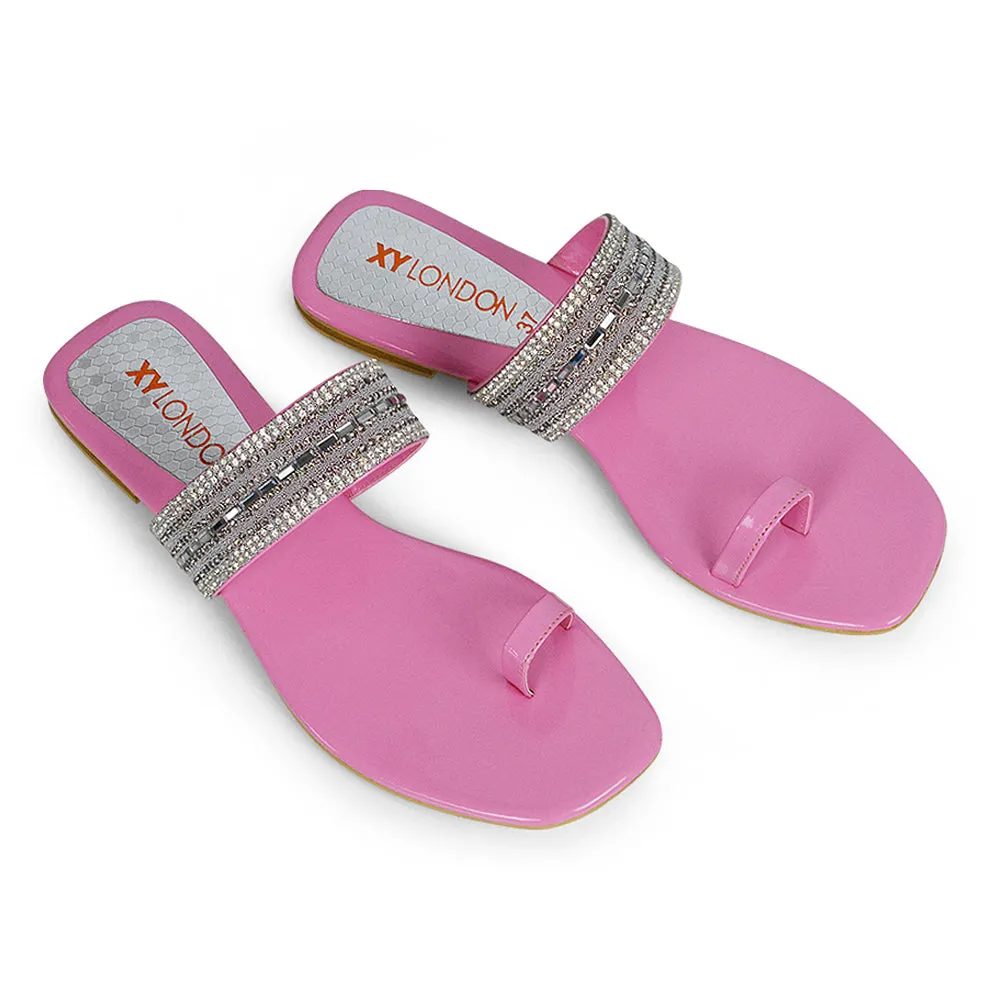 Rogan Strappy Slip on Toe Post Ring Diamante Flat Sandal Sliders in Pink