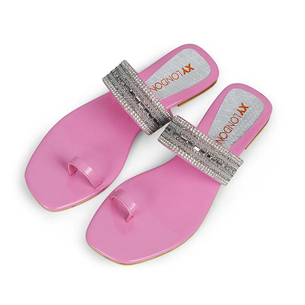 Rogan Strappy Slip on Toe Post Ring Diamante Flat Sandal Sliders in Pink