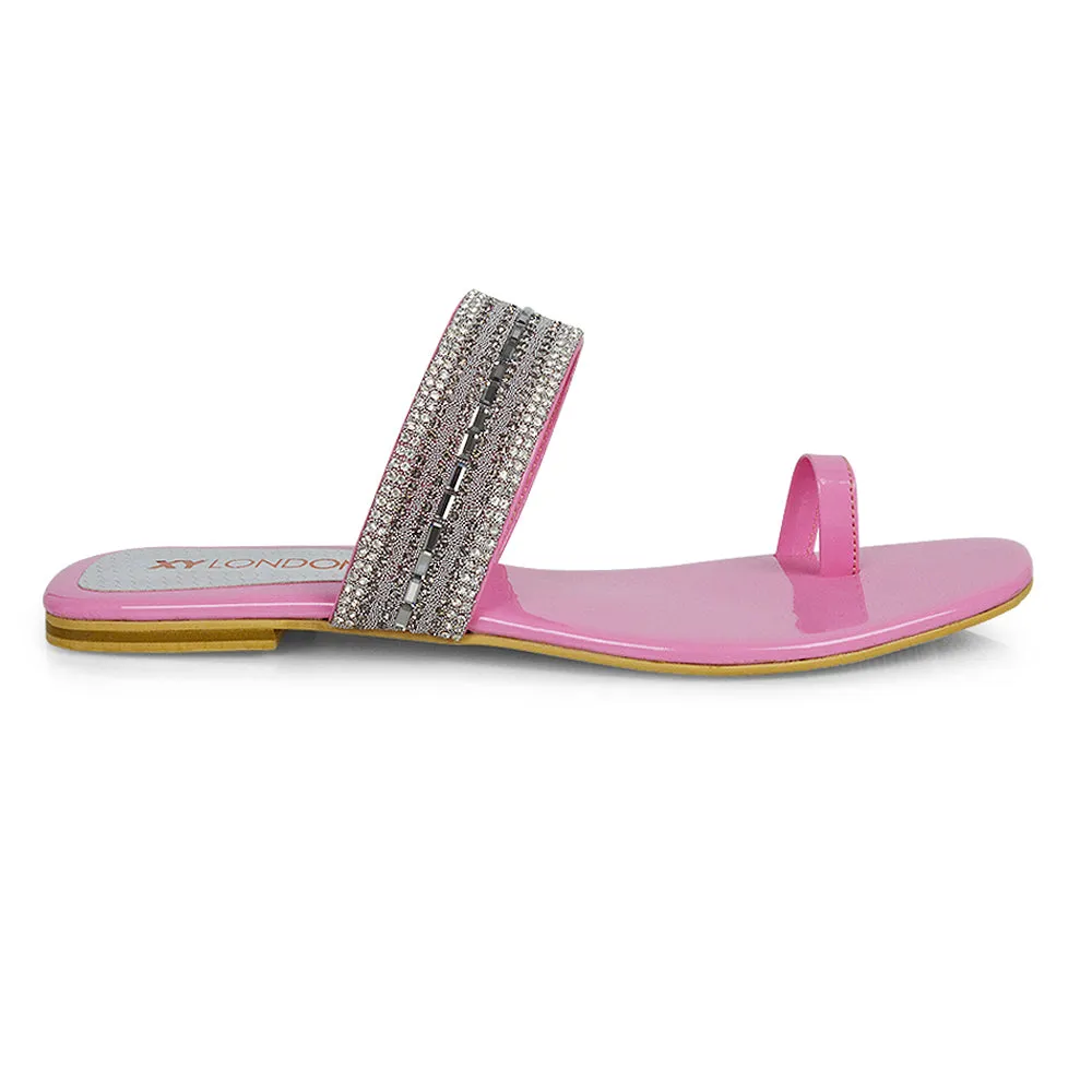 Rogan Strappy Slip on Toe Post Ring Diamante Flat Sandal Sliders in Pink