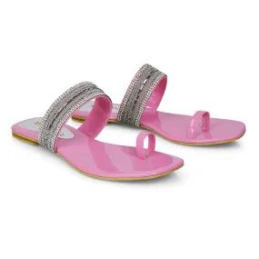 Rogan Strappy Slip on Toe Post Ring Diamante Flat Sandal Sliders in Pink