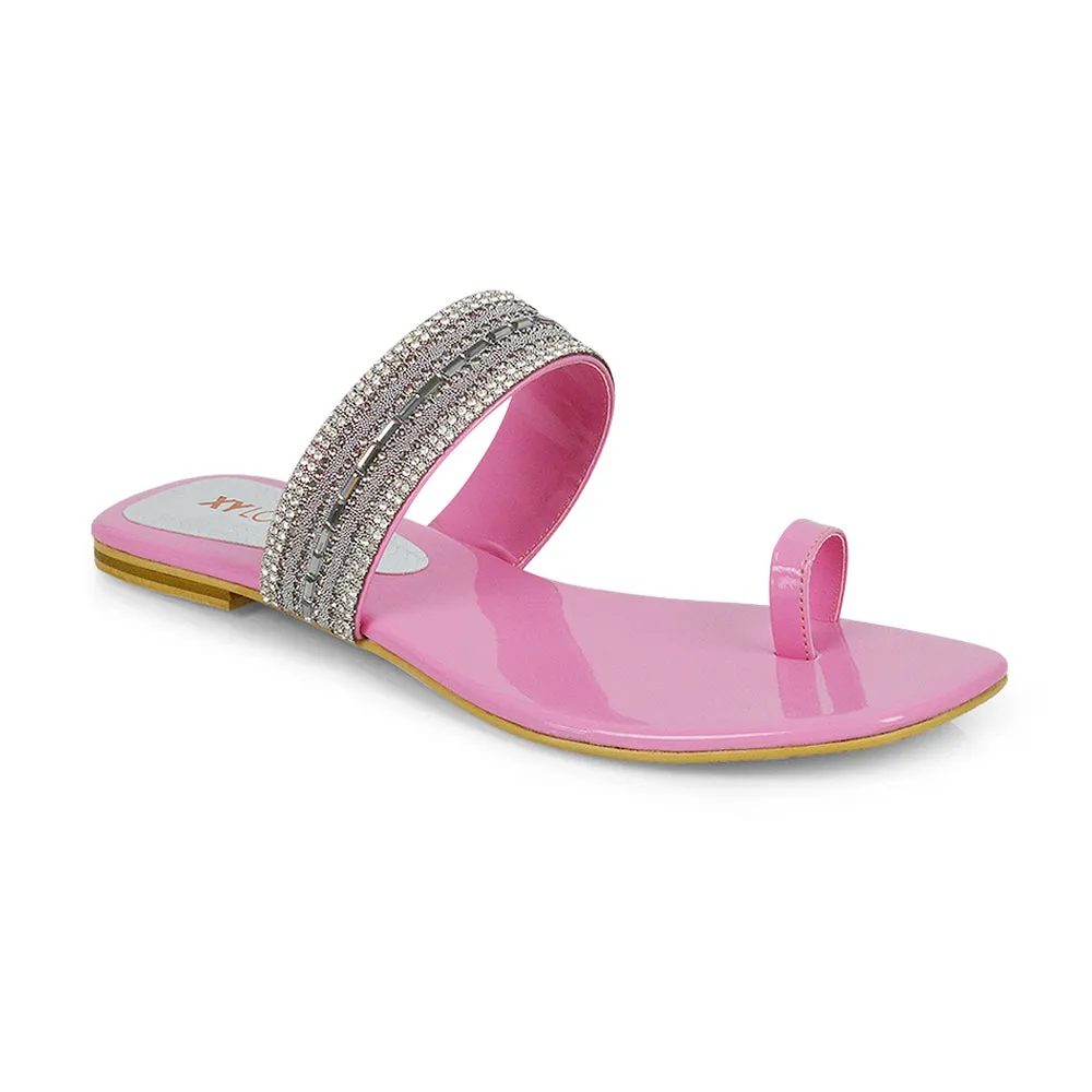 Rogan Strappy Slip on Toe Post Ring Diamante Flat Sandal Sliders in Pink