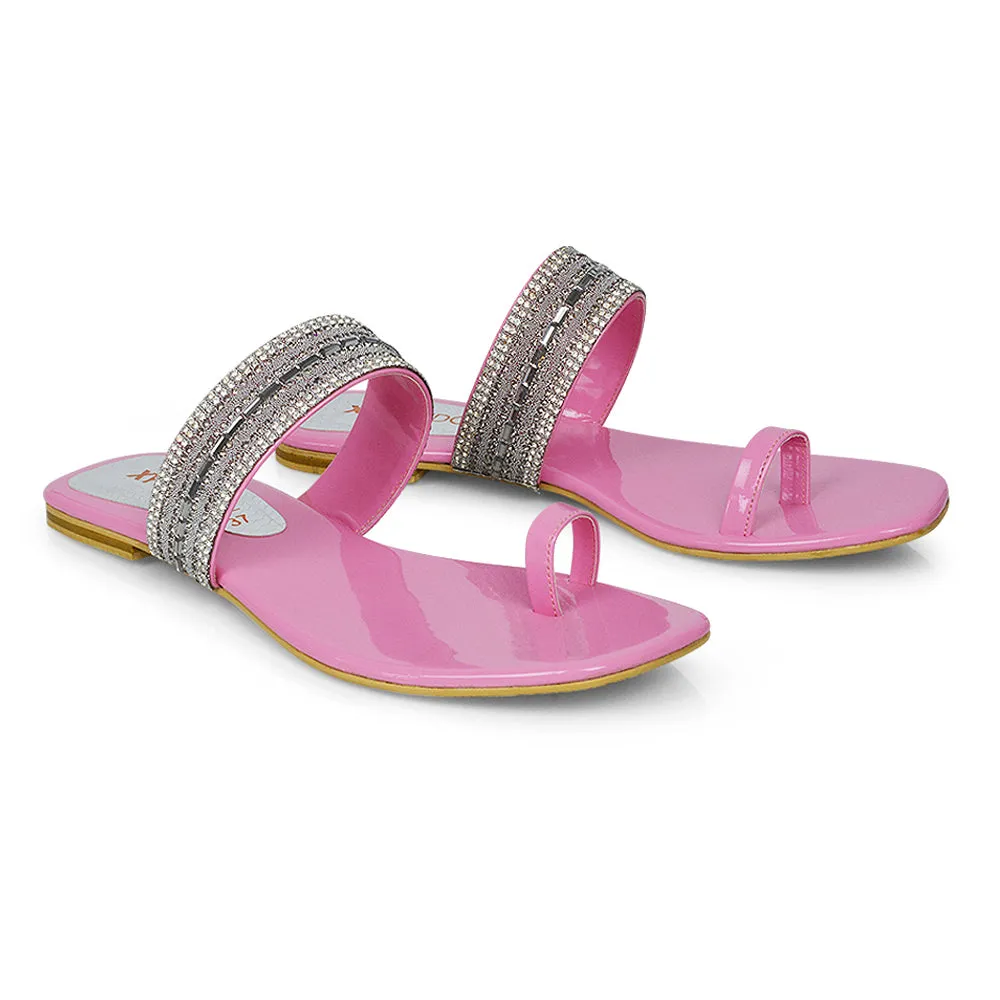 Rogan Strappy Slip on Toe Post Ring Diamante Flat Sandal Sliders in Pink