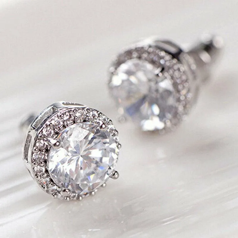 Round Halo White Zircon Silver Plated Stud Earrings