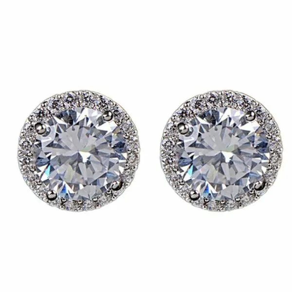 Round Halo White Zircon Silver Plated Stud Earrings