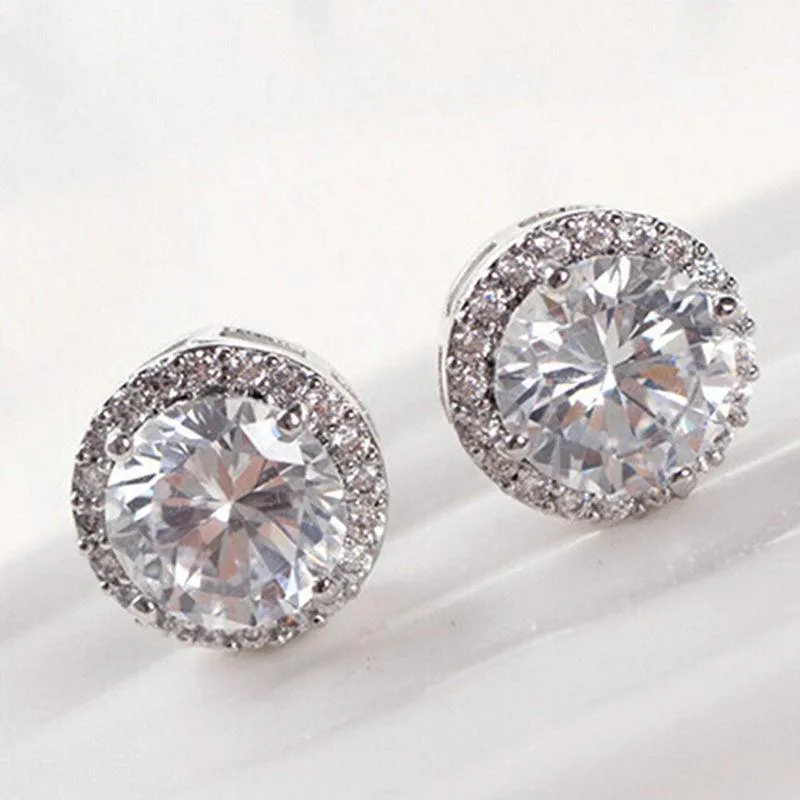 Round Halo White Zircon Silver Plated Stud Earrings