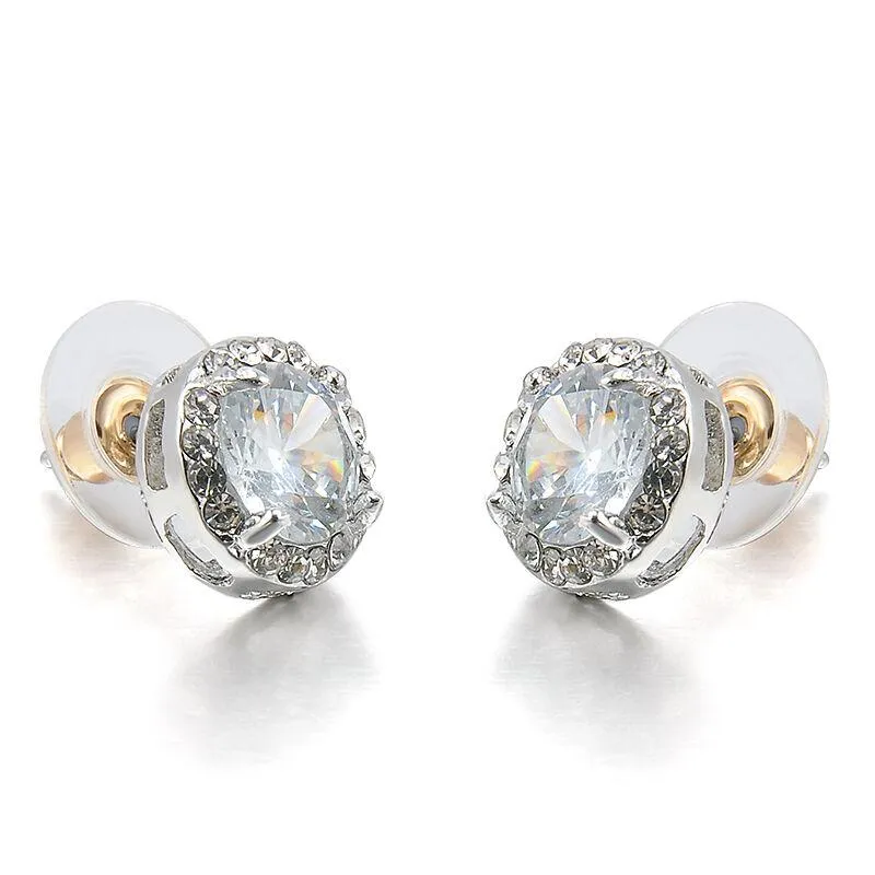 Round Halo White Zircon Silver Plated Stud Earrings