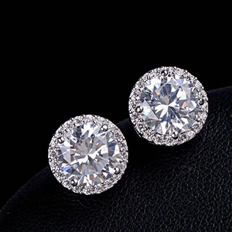 Round Halo White Zircon Silver Plated Stud Earrings