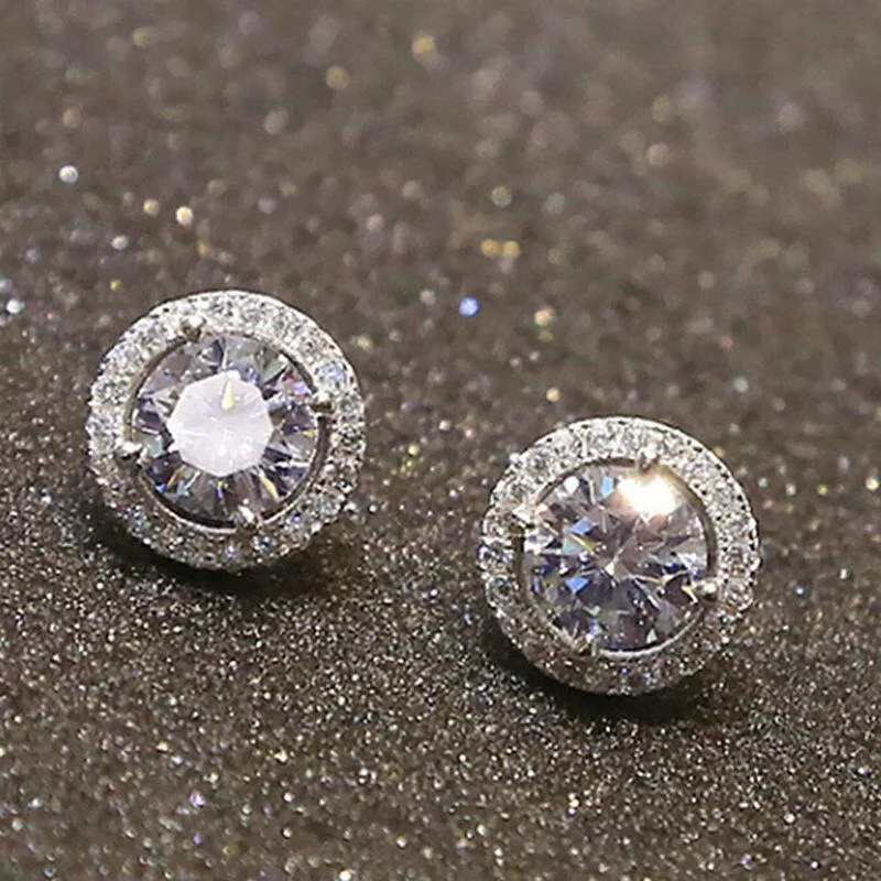 Round Halo White Zircon Silver Plated Stud Earrings