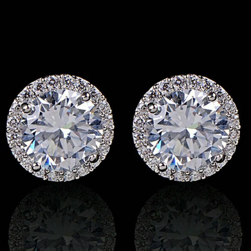 Round Halo White Zircon Silver Plated Stud Earrings